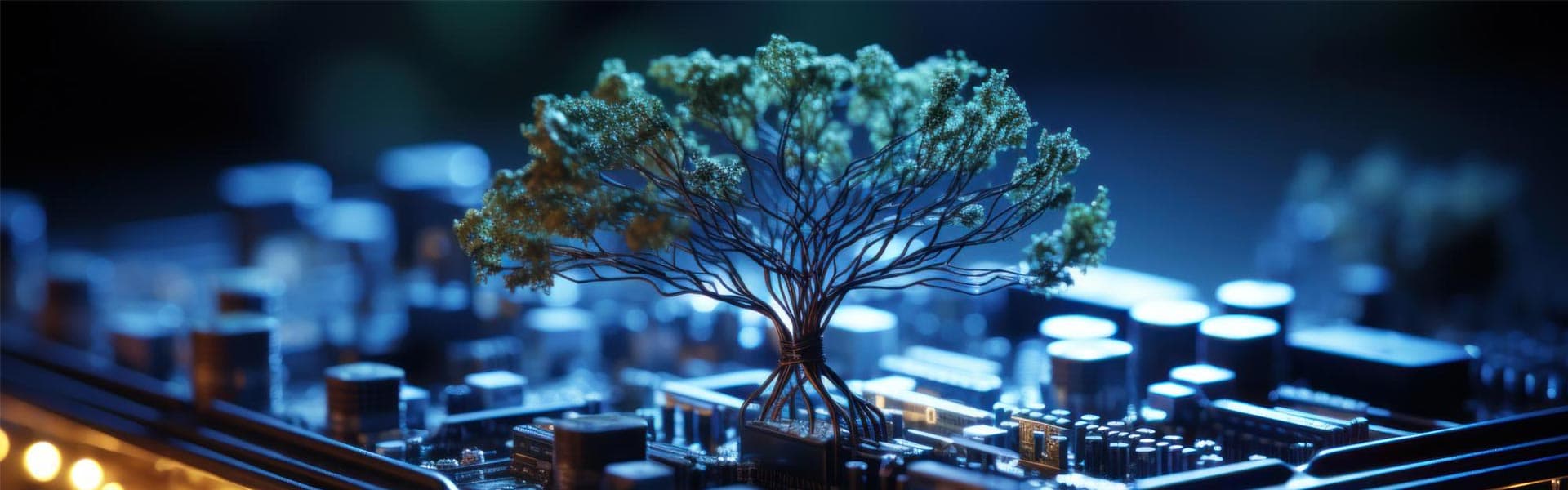 Glowing tree on a circuit board, a symbol of energy and technology