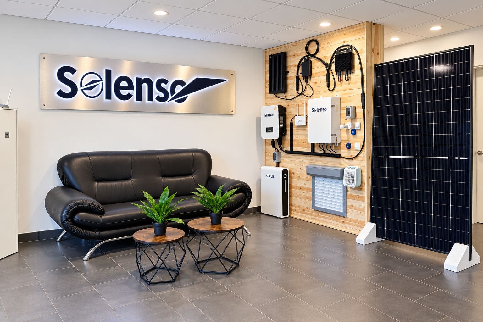 Solenso Power showroom in Woippy, with microinverters, CALB battery and solar panel