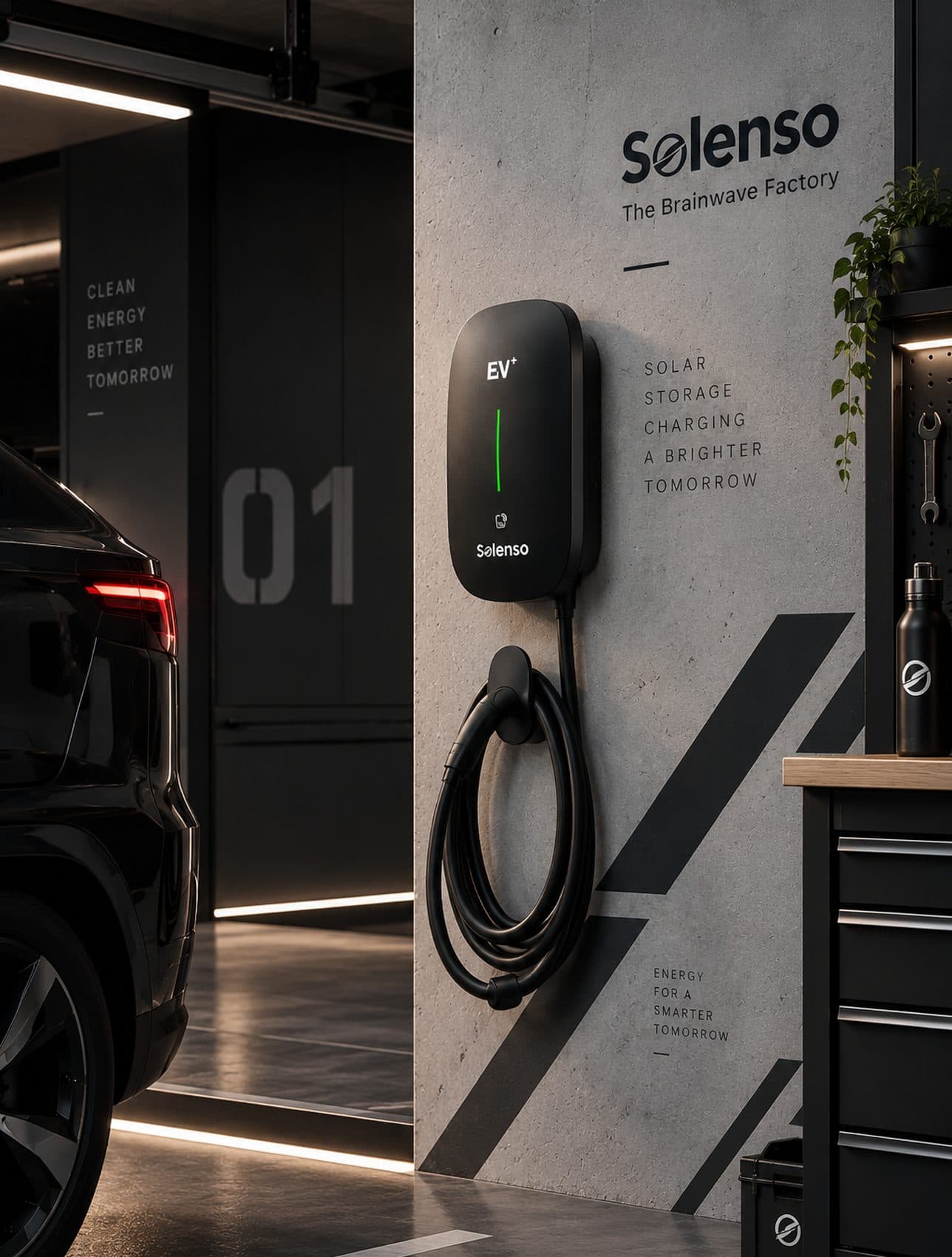 Solenso EV+ charger installed in a garage, Type 2 cable coiled on its holder