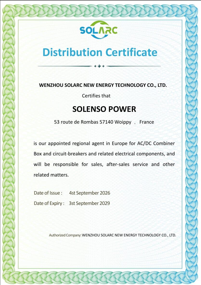SOLARC certificate appointing Solenso Power as official distributor in Europe, 2026 to 2029