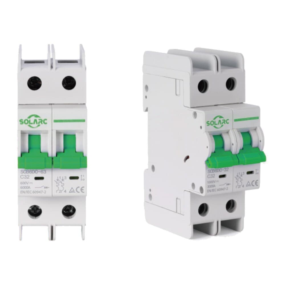 SOLARC SCB6DC-32 non-polarised two-pole PV DC miniature circuit breaker, front and three-quarter view