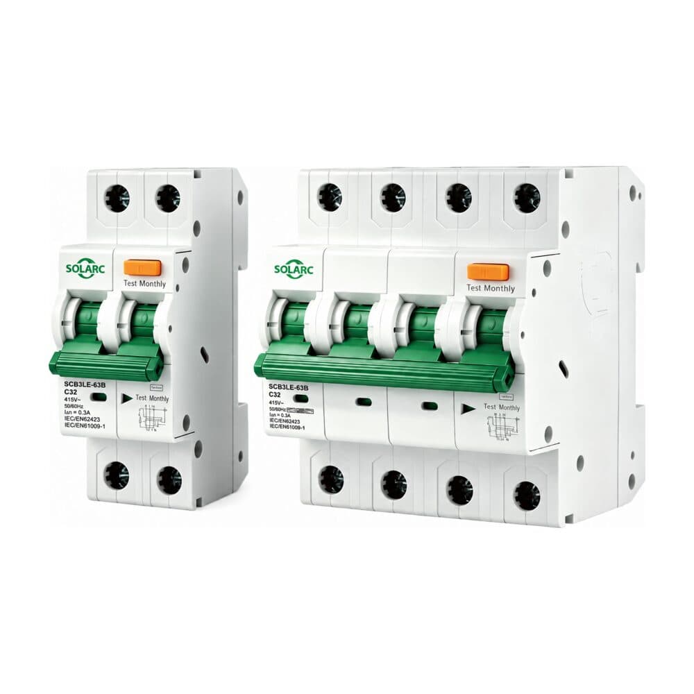 SOLARC SCB3LE-63B type B RCBOs in 1P+N and 3P+N, C32, 300 mA